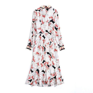 Planet Gates Print Dress 2018 Autumn Fashion Clothing Women Turn-down Collar Beading Elegant Long Sleeve Party Midi Dress Events