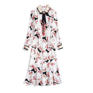 Planet Gates Print Dress 2018 Autumn Fashion Clothing Women Turn-down Collar Beading Elegant Long Sleeve Party Midi Dress Events
