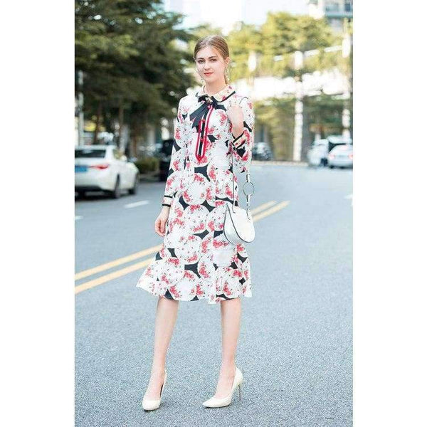 Planet Gates Print Dress 2018 Autumn Fashion Clothing Women Turn-down Collar Beading Elegant Long Sleeve Party Midi Dress Events