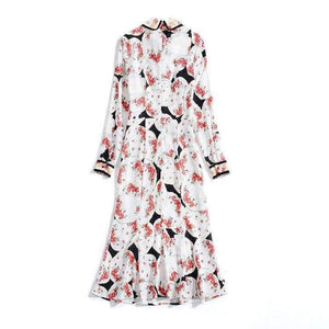 Planet Gates Print Dress 2018 Autumn Fashion Clothing Women Turn-down Collar Beading Elegant Long Sleeve Party Midi Dress Events