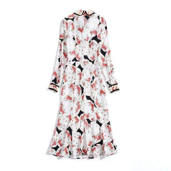 Planet Gates Print Dress 2018 Autumn Fashion Clothing Women Turn-down Collar Beading Elegant Long Sleeve Party Midi Dress Events