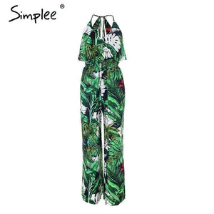 Planet Gates Print / S Ruffle Leaf print sexy jumpsuit Boho green rompers women jumpsuit 2018 Elegant chiffon summer jumpsuit
