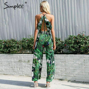 Planet Gates Print / S Ruffle Leaf print sexy jumpsuit Boho green rompers women jumpsuit 2018 Elegant chiffon summer jumpsuit