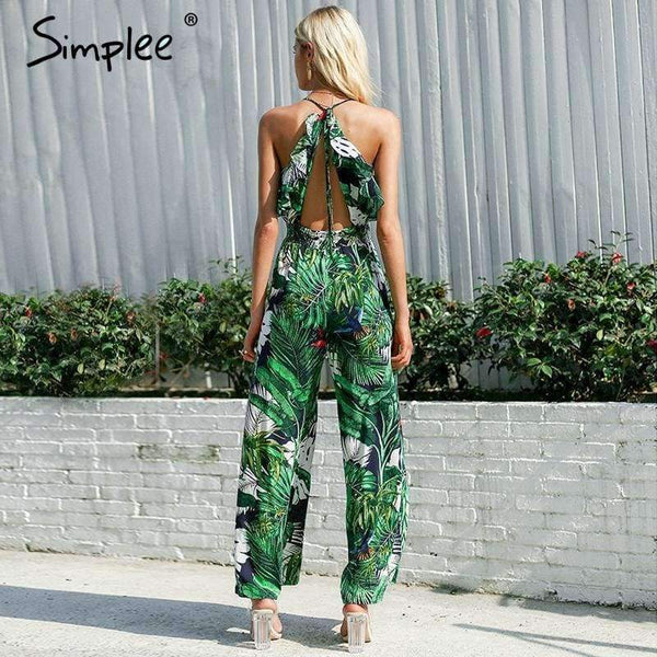 Planet Gates Print / S Ruffle Leaf print sexy jumpsuit Boho green rompers women jumpsuit 2018 Elegant chiffon summer jumpsuit