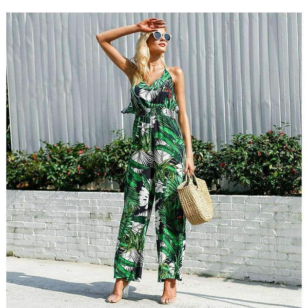 Planet Gates Print / S Ruffle Leaf print sexy jumpsuit Boho green rompers women jumpsuit 2018 Elegant chiffon summer jumpsuit