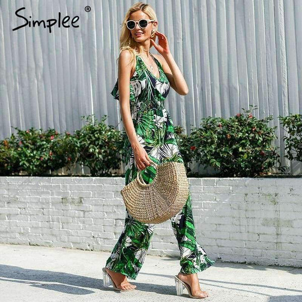 Planet Gates Print / S Ruffle Leaf print sexy jumpsuit Boho green rompers women jumpsuit 2018 Elegant chiffon summer jumpsuit