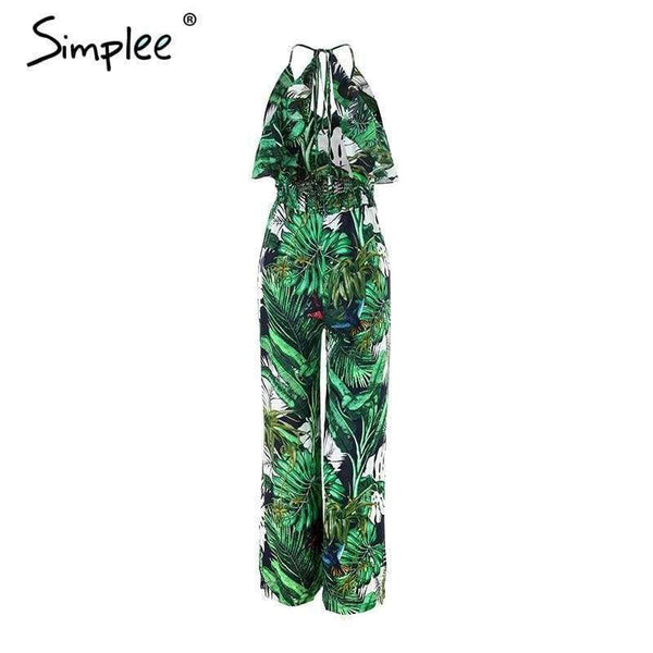 Planet Gates Print / S Ruffle Leaf print sexy jumpsuit Boho green rompers women jumpsuit 2018 Elegant chiffon summer jumpsuit