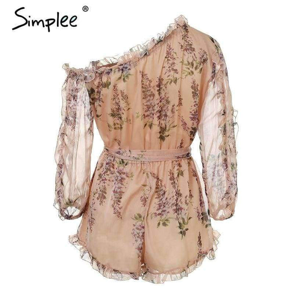 Planet Gates Print / S Ruffle off shoulder print jumpsuit women Elegant sash long sleeve sexy jumpsuit 2018 New casual summer jumpsuit romper