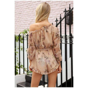 Planet Gates Print / S Ruffle off shoulder print jumpsuit women Elegant sash long sleeve sexy jumpsuit 2018 New casual summer jumpsuit romper