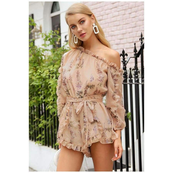 Planet Gates Print / S Ruffle off shoulder print jumpsuit women Elegant sash long sleeve sexy jumpsuit 2018 New casual summer jumpsuit romper