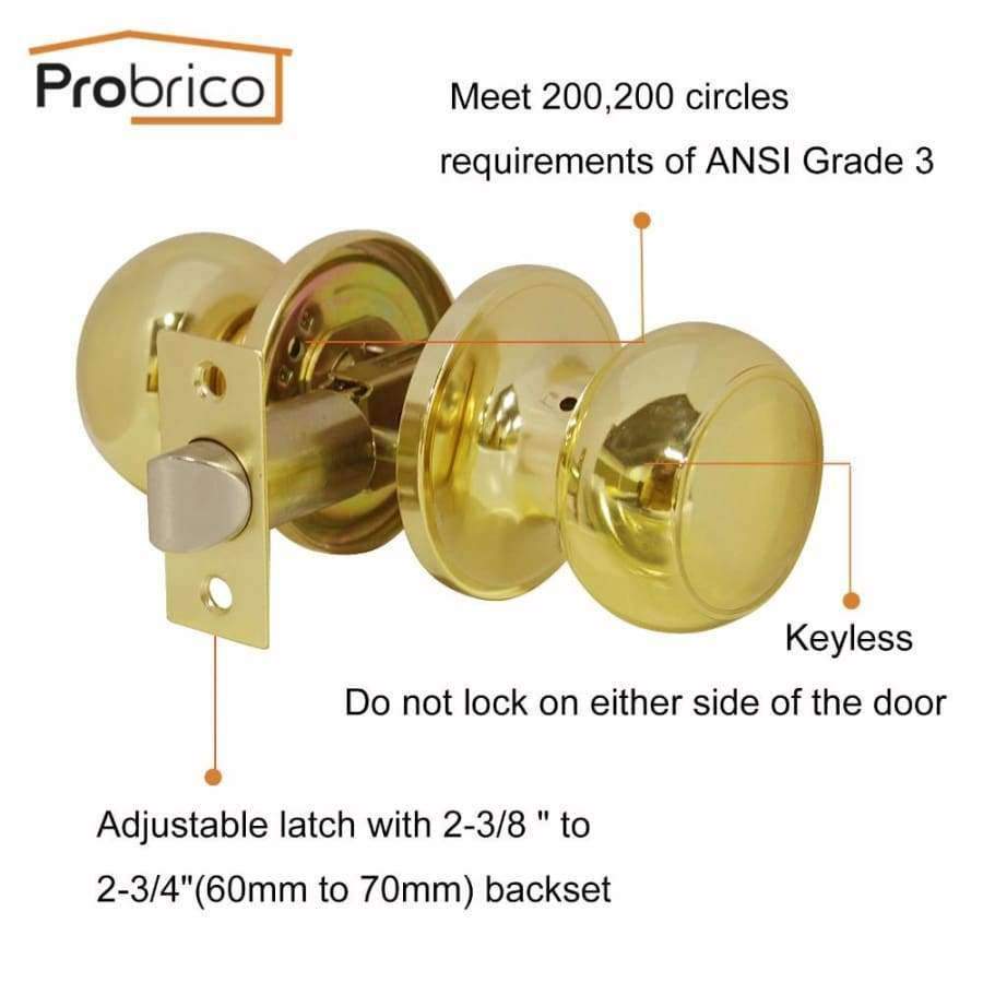 Planet Gates Probrico Stainless Steel Passage Keyless Round Door Locks Polished Golden Brass Door Knob /Door Handle Locker Home Hardware