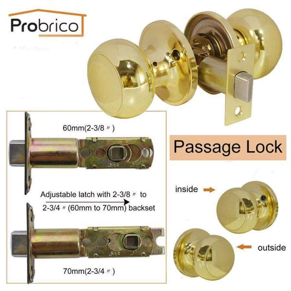 Planet Gates Probrico Stainless Steel Passage Keyless Round Door Locks Polished Golden Brass Door Knob /Door Handle Locker Home Hardware