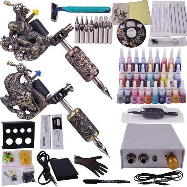 Planet Gates Professional Complete Tattoo Kit Machine Power Supply 2 guns 28 Color Inks Disposable Needles Tips Set for Beginner