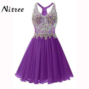 Planet Gates Purple / 2 V Neck Short Cocktail Dresses Chiffon Pleat Ruffles Beaded Crystal Rhinestone Formal Party Dress Real Picture