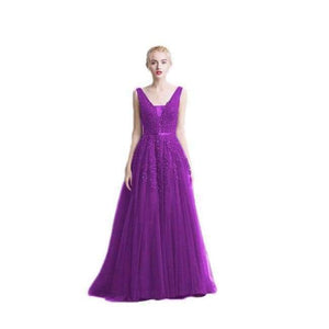 Planet Gates Purple / 2 Wine Red Lace Beading Long Evening Dress Backless Bridal V neck Sleeveless Transparent Banquet Sexy Prom Dress
