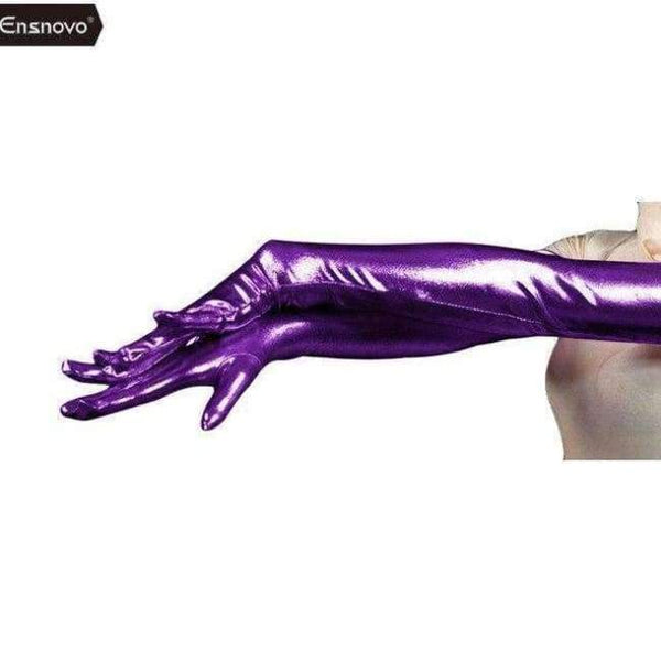 Planet Gates purple / 22inch Ensnovo Women Spandex Polyester Black Shiny Metallic 22" Long Sleeve Cosplay Costumes Wet Look Opera Length Evening Gloves