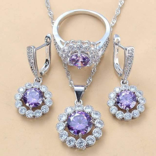 Planet Gates Purple  3PCS / 10 Wedding Costume 925 Sterling Silver White Zircon Jewelry Sets For Women Bridal Accessories  Jewel