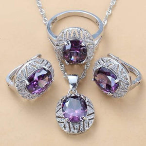 Planet Gates Purple 3PCS / 8 Wedding Costume 925 Sterling Silver 6-Color Big Jewelry Sets With Natural Stone CZ Green Accessories Clip Dangle Earrings And Ring Sets