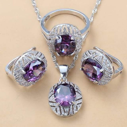 Planet Gates Purple 3PCS / 8 Wedding Costume 925 Sterling Silver 6-Color Big Jewelry Sets With Natural Stone CZ Green Accessories Clip Dangle Earrings And Ring Sets