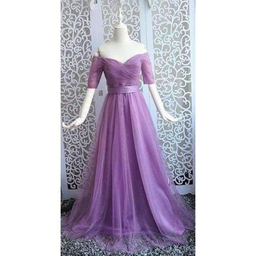 Planet Gates purple / 6 -Emily Long Purple Red Gray Cheap Bridesmaid Dresses 2018 A-Line Off the Shoulder Half Sleeve Vestido da dama de honra