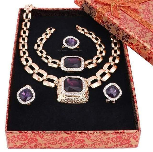 Planet Gates Purple Add Box Jewelry Sets For Women Dress Accessories Gold Color Crystal Wedding Bridal Necklace Earrings Bracelet Ring Sets