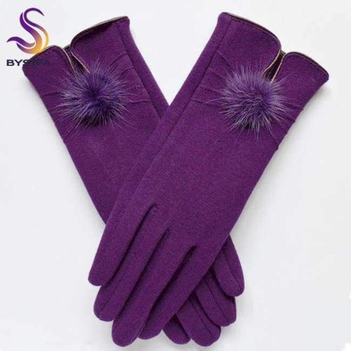 Planet Gates purple [BYSIFA] Women Mink ball Wool Gloves Fashion Opening Design Winter Ladies Gloves New Trendy Elegant Soft Black Mittens Gloves