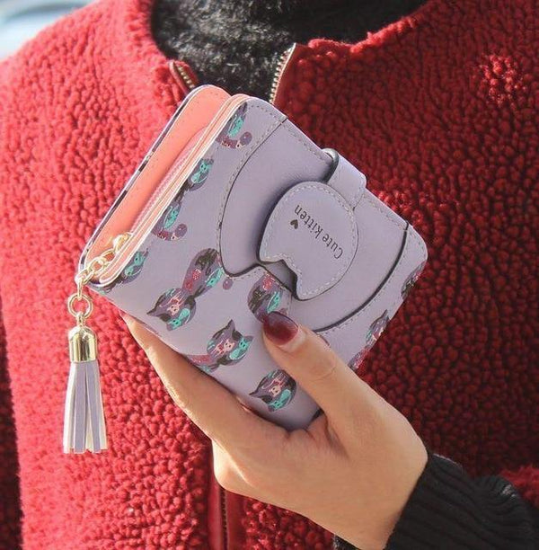 Planet Gates Purple Cartoon cat women wallet printing PU Leather women wallet brand designed coin purse female card holder cute girl wallet