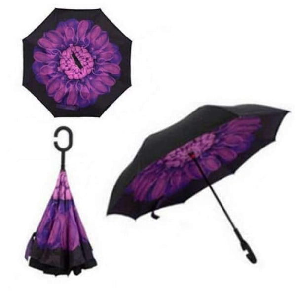 Planet Gates Purple Flower Folding Reverse Umbrella Double Layer Inverted Windproof  Rain Car Umbrellas For Women