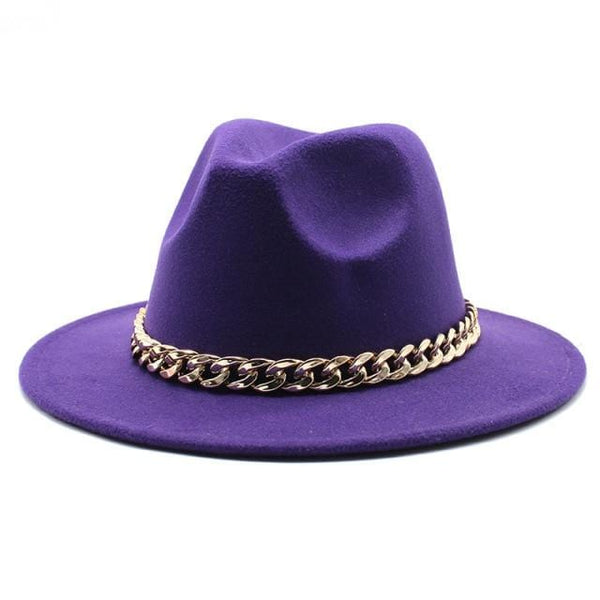 Planet Gates Purple / L(58-60cm) American Big Chain Fedoras Faux Woolen Brim Felt Cap Jazz Men Women Hat