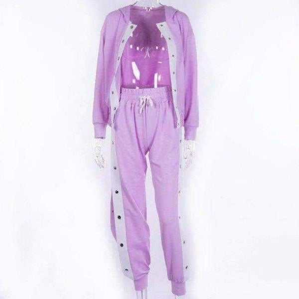 Planet Gates Purple / L Autumn Winter Women's Sets 2 Pieces Set Hoodies Loose Pant Tracksuit Side Stripe with Button Side Split Women Fitness Wear