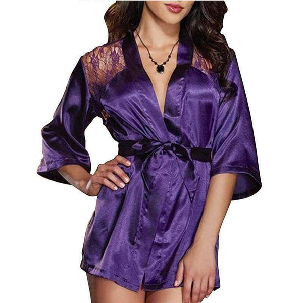 Planet Gates Purple / One Size Women Imitation Silk intimate pyjamas 2/pcs Sets Robe + G-string underwear lace mesh slips dress sheer sexy lingerie half slips