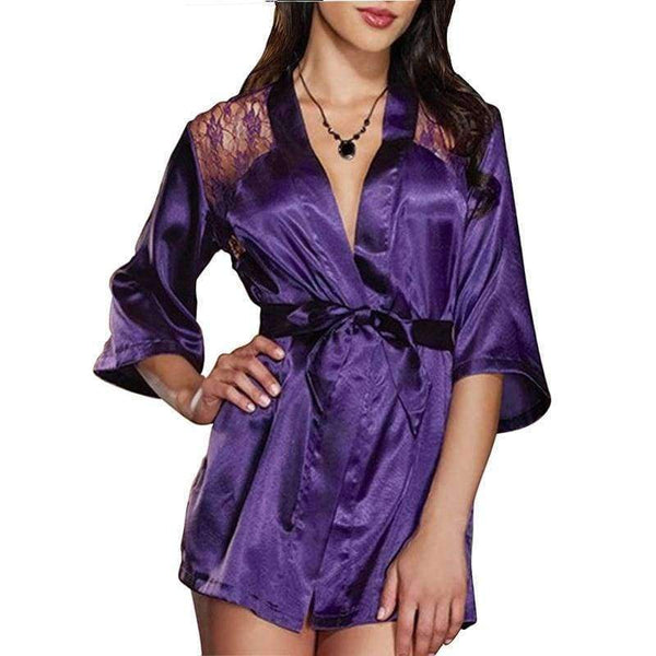 Planet Gates Purple / One Size Women Imitation Silk intimate pyjamas 2/pcs Sets Robe + G-string underwear lace mesh slips dress sheer sexy lingerie half slips