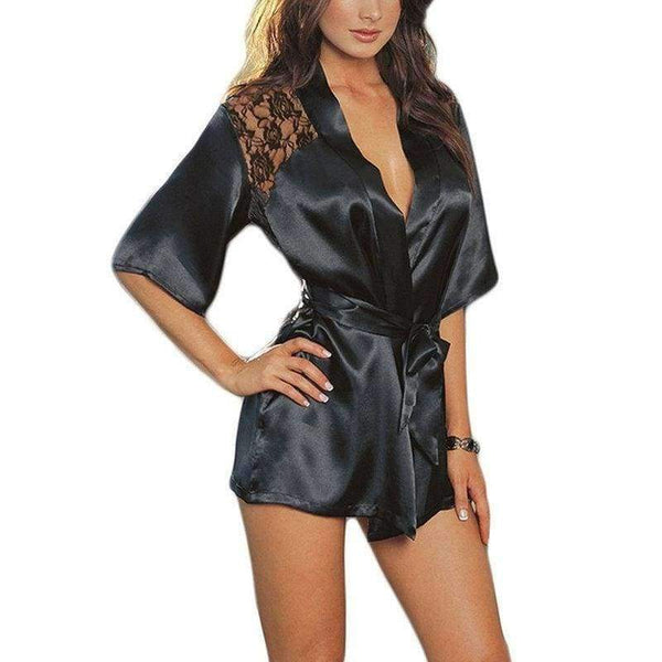 Planet Gates Purple / One Size Women Imitation Silk intimate pyjamas 2/pcs Sets Robe + G-string underwear lace mesh slips dress sheer sexy lingerie half slips