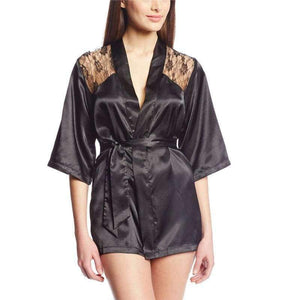 Planet Gates Purple / One Size Women Imitation Silk intimate pyjamas 2/pcs Sets Robe + G-string underwear lace mesh slips dress sheer sexy lingerie half slips