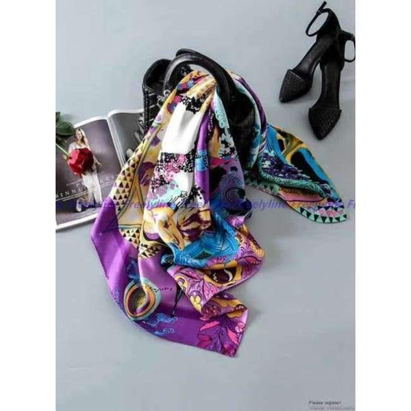 Planet Gates Purple Printed 100% Silk Twill Scarf Hijab Women Large Square Silk Scarfs Shawl Wraps for Hair Wrapping Hand Rolled 88x88cm