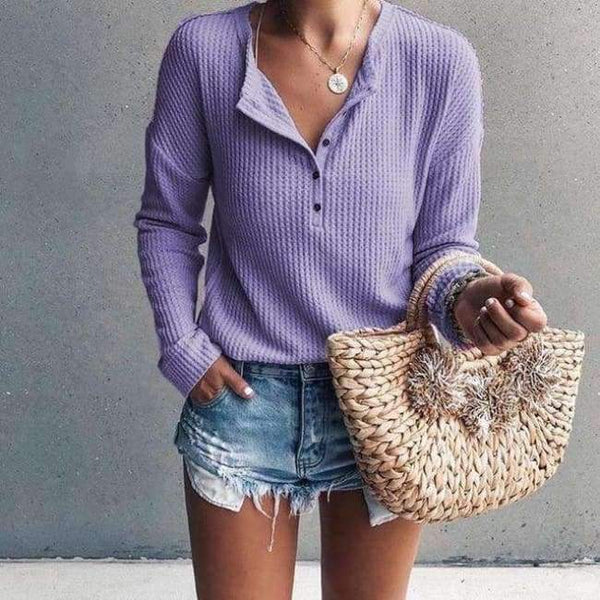 Planet Gates Purple / S Elegant Women Knitted Jumper Top Button V Neck Long Sleeve Autumn Sweater Female Solid Plus Size Knit Pullover Sweaters