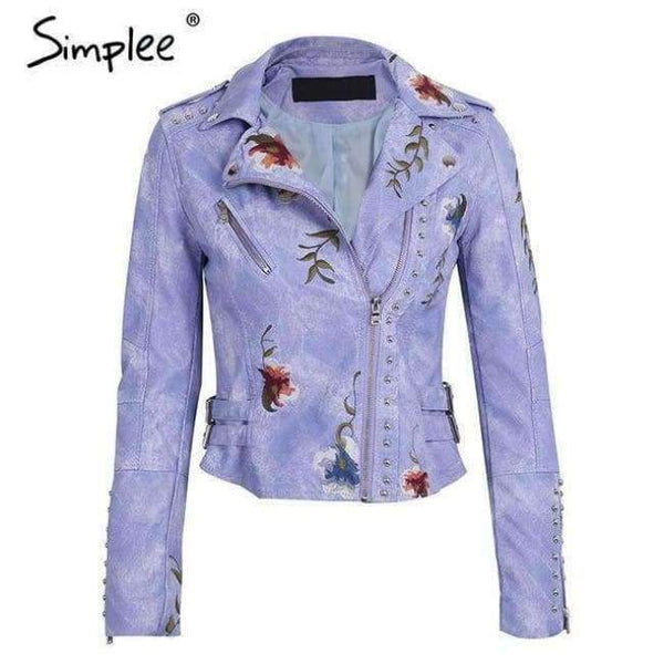 Planet Gates Purple / S Embroidery floral faux leather jacket White basic jackets outerwear coats Women casual autumn winter jacket female coat