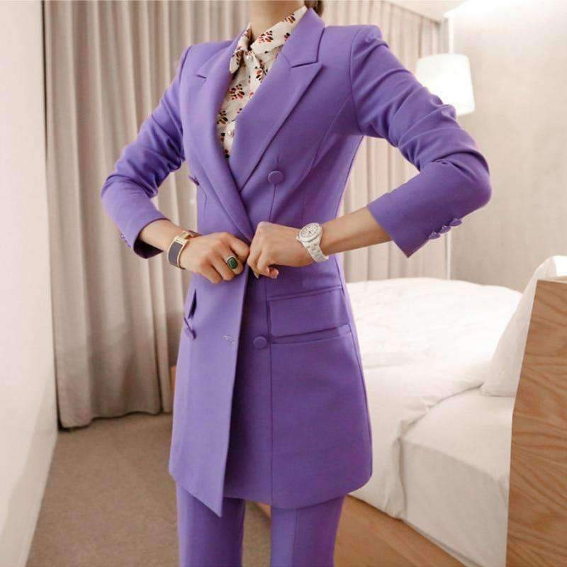 Planet Gates purple / S Fashion Purple Women Pant Suit Double Breasted Long Blazer Jacket and Straight Pant Work Business 2 Pieces Set 2018