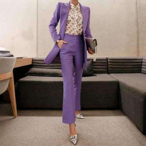 Planet Gates purple / S Fashion Purple Women Pant Suit Double Breasted Long Blazer Jacket and Straight Pant Work Business 2 Pieces Set 2018