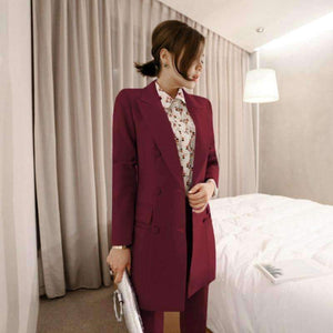 Planet Gates purple / S Fashion Purple Women Pant Suit Double Breasted Long Blazer Jacket and Straight Pant Work Business 2 Pieces Set 2018