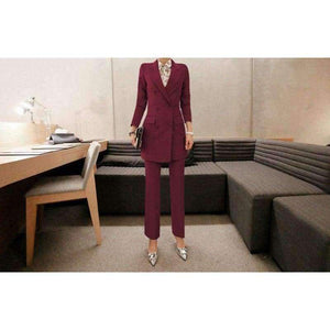Planet Gates purple / S Fashion Purple Women Pant Suit Double Breasted Long Blazer Jacket and Straight Pant Work Business 2 Pieces Set 2018