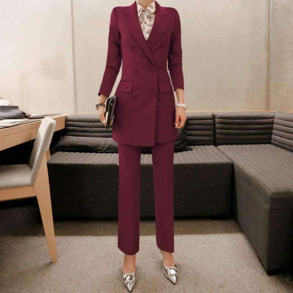 Planet Gates purple / S Fashion Purple Women Pant Suit Double Breasted Long Blazer Jacket and Straight Pant Work Business 2 Pieces Set 2018