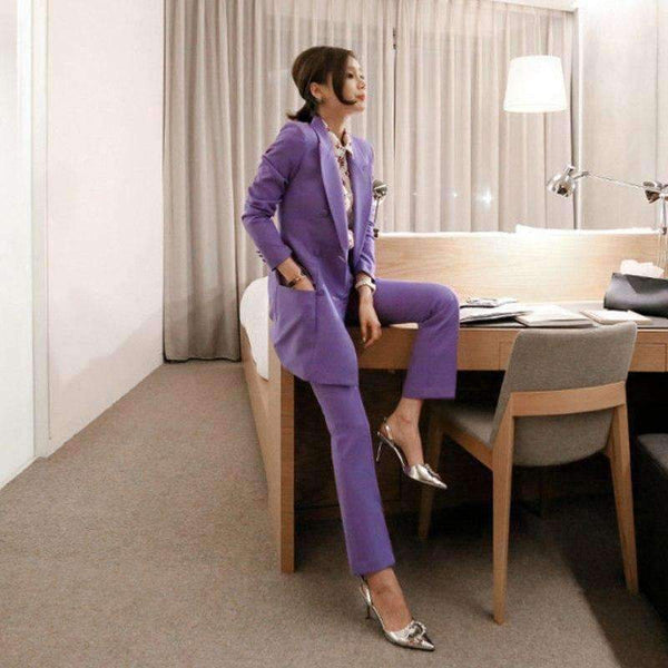 Planet Gates purple / S Fashion Purple Women Pant Suit Double Breasted Long Blazer Jacket and Straight Pant Work Business 2 Pieces Set 2018