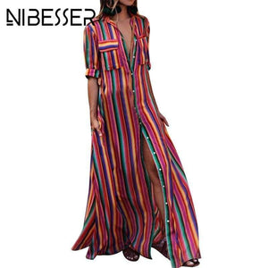 Planet Gates Lilla / S NIBESSER Kvinder Sommer Strand Maxikjole 2018 Sexet Høj Split Sommerkjole Mode Farverig Stribet Print Boho Lang Festkjole Morgenkåbe