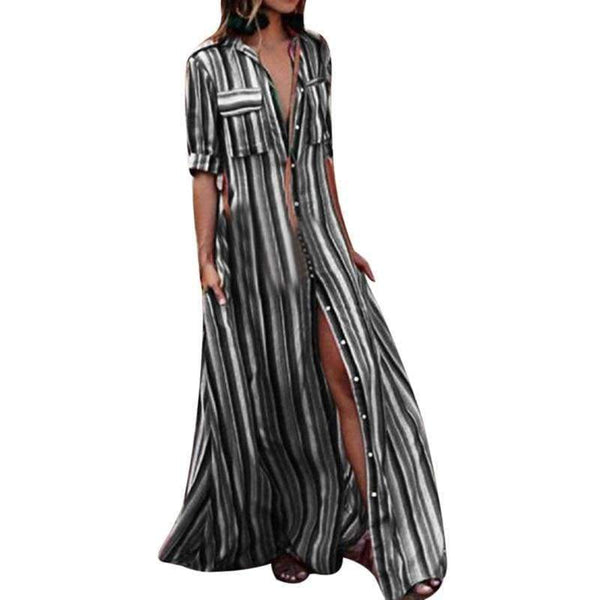 Planet Gates Lilla / S NIBESSER Kvinder Sommer Strand Maxikjole 2018 Sexet Høj Split Sommerkjole Mode Farverig Stribet Print Boho Lang Festkjole Morgenkåbe