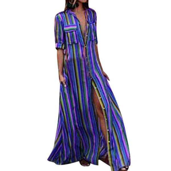 Planet Gates Lilla / S NIBESSER Kvinder Sommer Strand Maxikjole 2018 Sexet Høj Split Sommerkjole Mode Farverig Stribet Print Boho Lang Festkjole Morgenkåbe