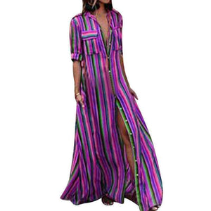 Planet Gates Lilla / S NIBESSER Kvinder Sommer Strand Maxikjole 2018 Sexet Høj Split Sommerkjole Mode Farverig Stribet Print Boho Lang Festkjole Morgenkåbe