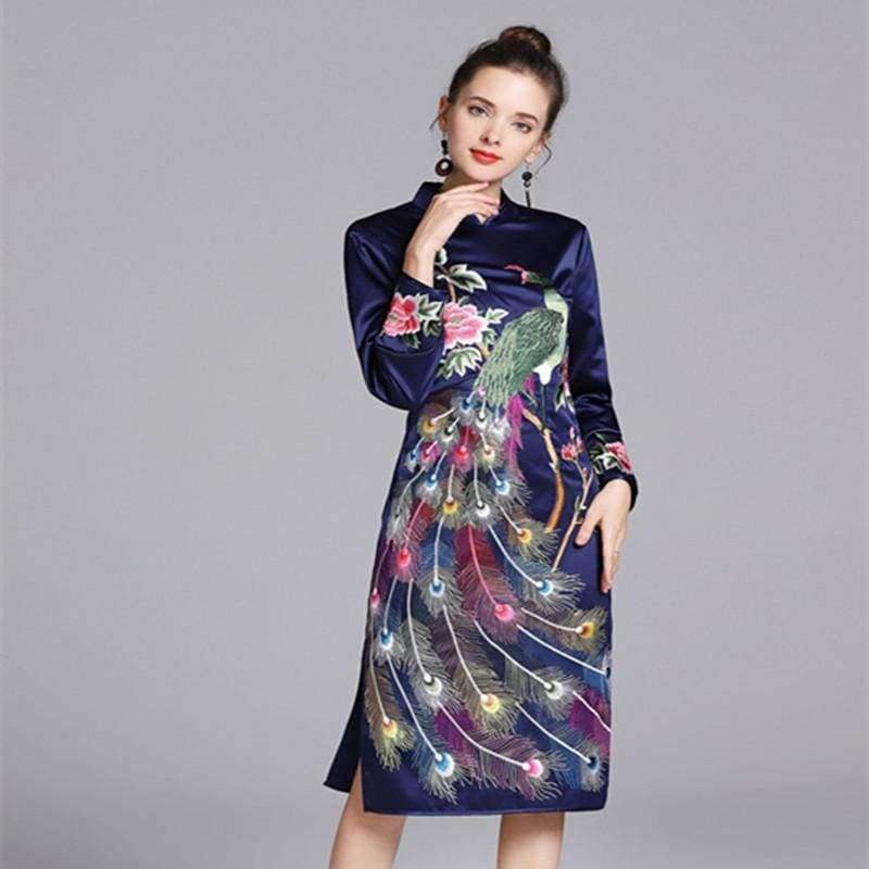 Planet Gates purple / S Quality Brand Chinese Dress for Party Event Women Luxurious Phonix Embroidery Long Sleeve Slim Fit Dress Dark Blue Purple
