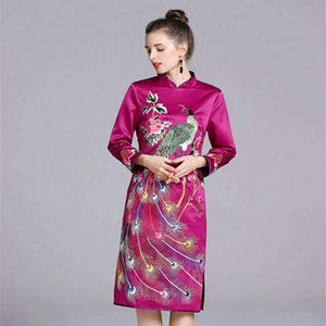 Planet Gates purple / S Quality Brand Chinese Dress for Party Event Women Luxurious Phonix Embroidery Long Sleeve Slim Fit Dress Dark Blue Purple