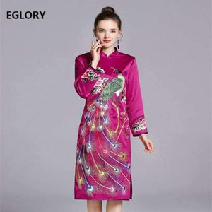 Planet Gates purple / S Quality Brand Chinese Dress for Party Event Women Luxurious Phonix Embroidery Long Sleeve Slim Fit Dress Dark Blue Purple